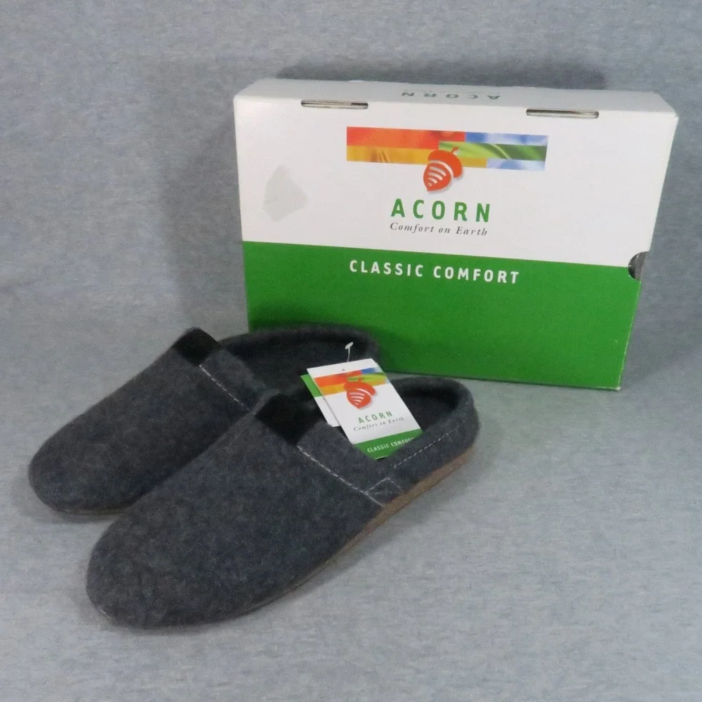 Acorn Wooly Mule Slipper Men 9 Smoke Gray Merino Felted Slip On House Shoe NEW